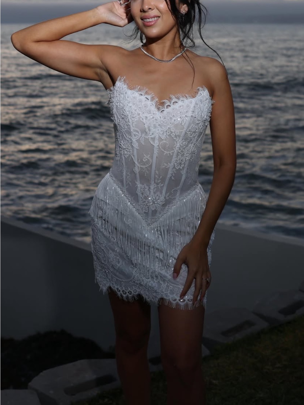 Sienna - Strapless White Lace & Fringe Corset Mini Dress